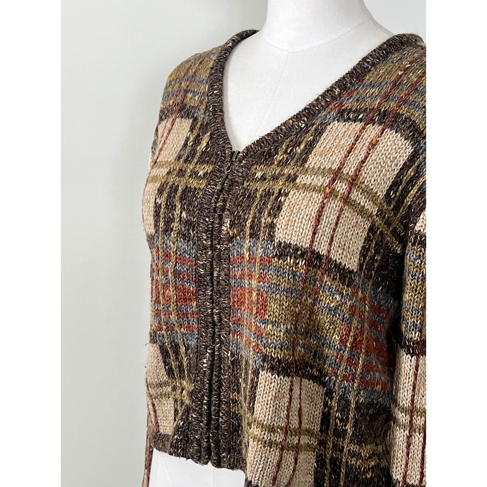 Paul Harris Design Vintage Plaid Zip Up Cardigan Brown Rust Wool Blend Small